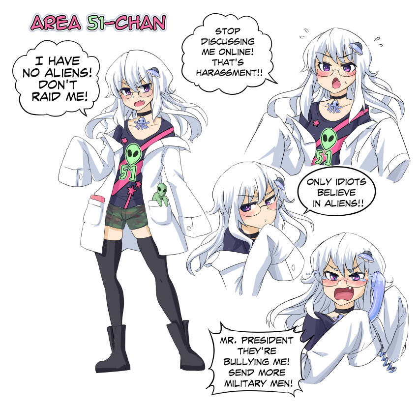 1girl, absurdres, alien, area_51-chan, blush, boots, camouflage, camouflage_shorts