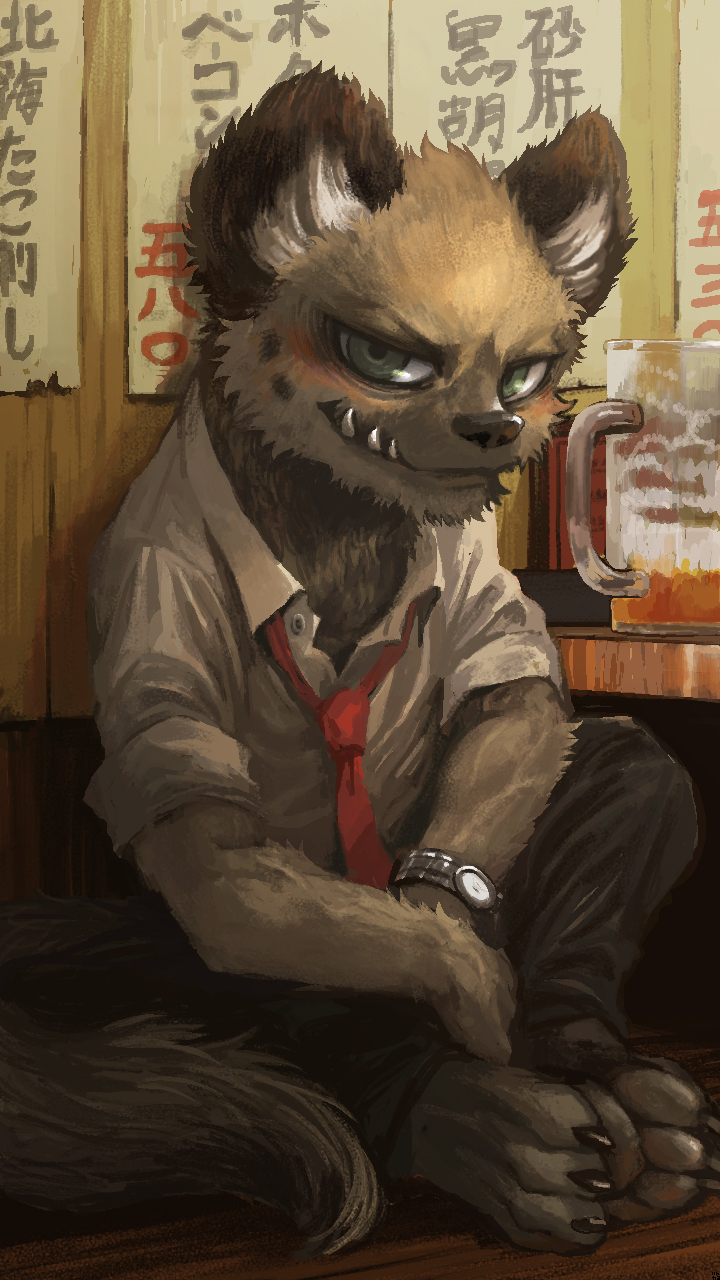 1boy, aggressive_retsuko, beer_mug, black_pants, full_body, furry, green_eyes, grin