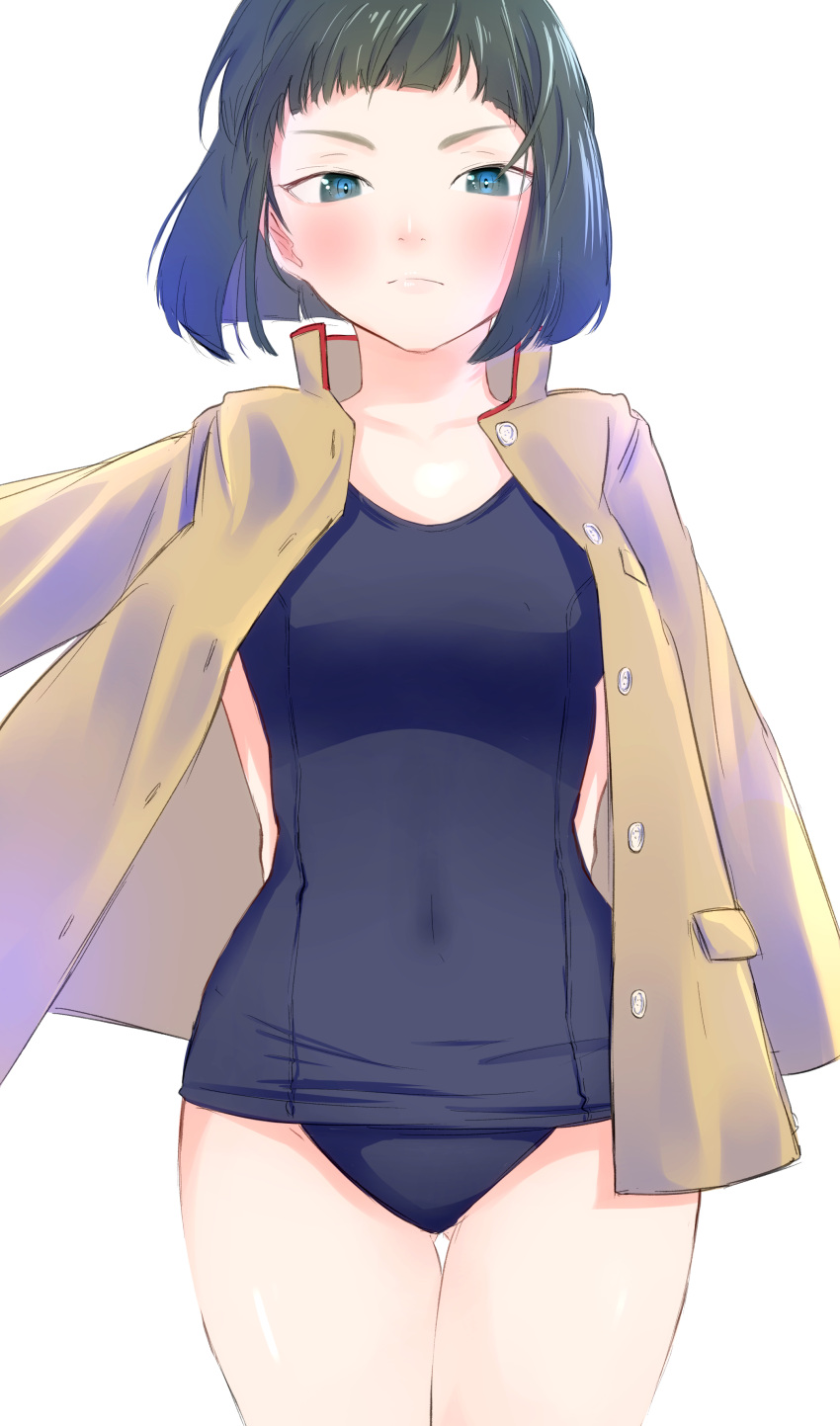 1girl, absurdres, arms_behind_back, ass_visible_through_thighs, bangs, black_eyes, black_hair, black_swimsuit