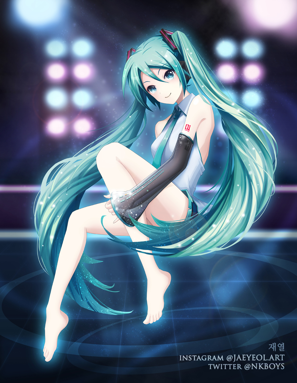 1girl, barefoot, black_skirt, black_sleeves, blue_eyes, blue_hair, blurry, blurry_background