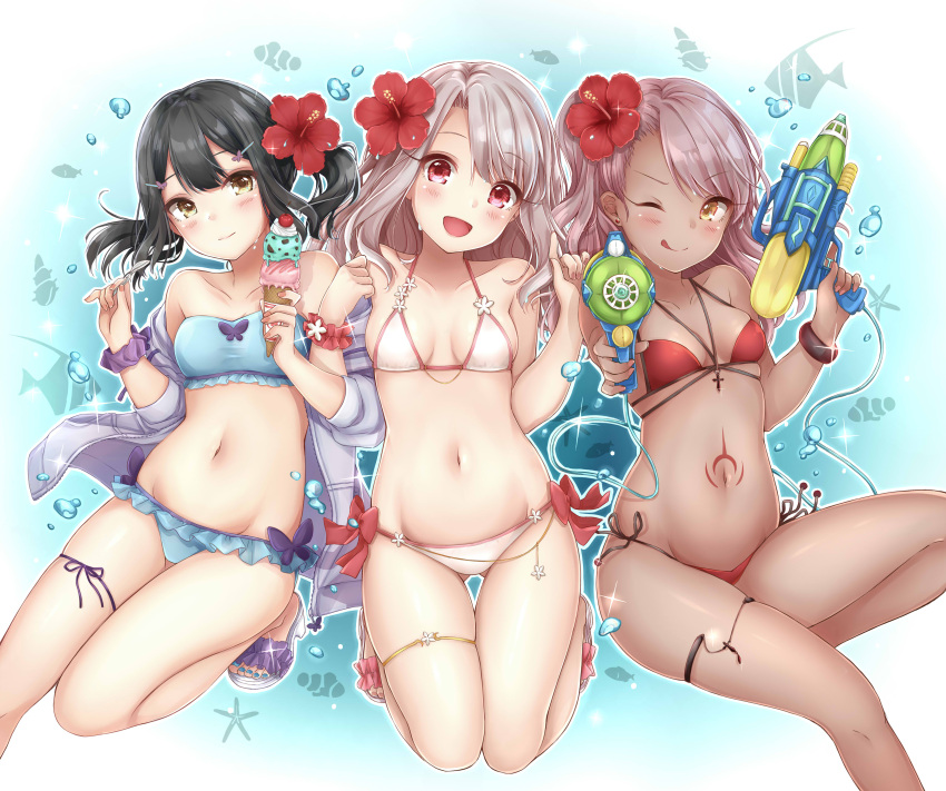 3girls, absurdres, alternate_costume, bikini, black_hair, blue_bikini, breasts, chloe_von_einzbern