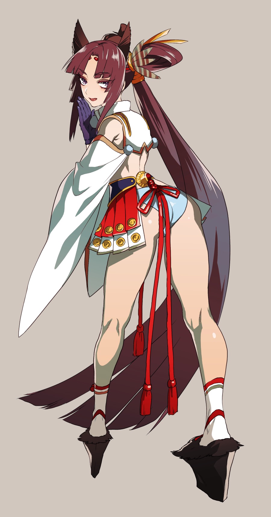 1girl, animal_ears, ass, black_footwear, blue_gloves, blue_panties, circlet, detached_sleeves