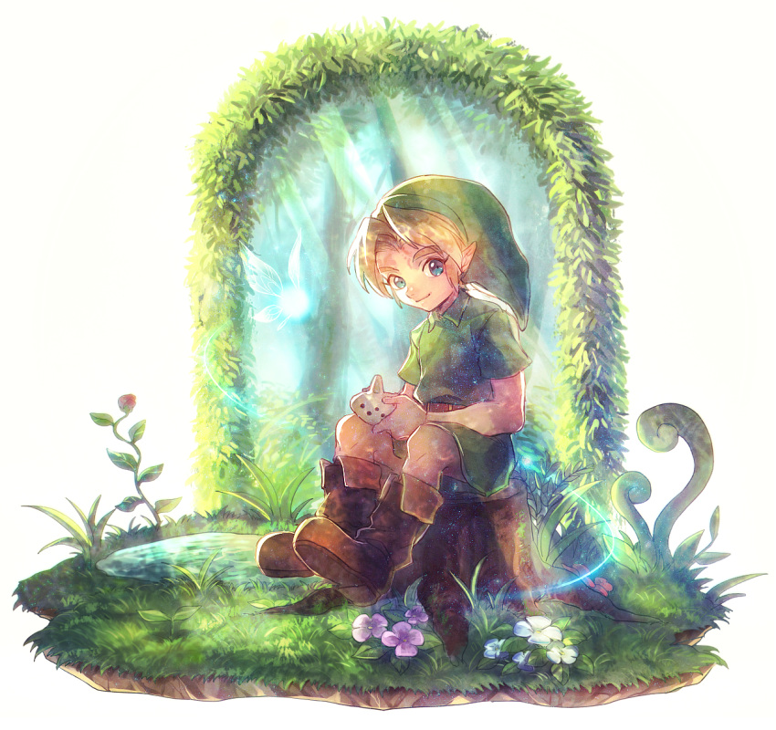 1boy, 1girl, belt, blonde_hair, blue_eyes, boots, fairy, fairy_wings