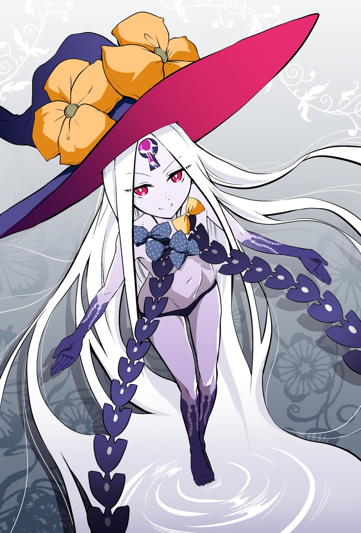 1girl, abigail_williams_(fate/grand_order), barefoot, fate_(series), hat, keyhole, long_hair, looking_at_viewer
