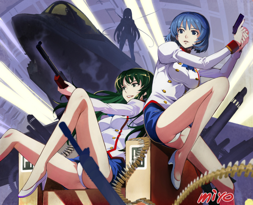 3girls, agent_aika, aika_(series), aircraft, airplane, ammunition, arms_up, artist_name