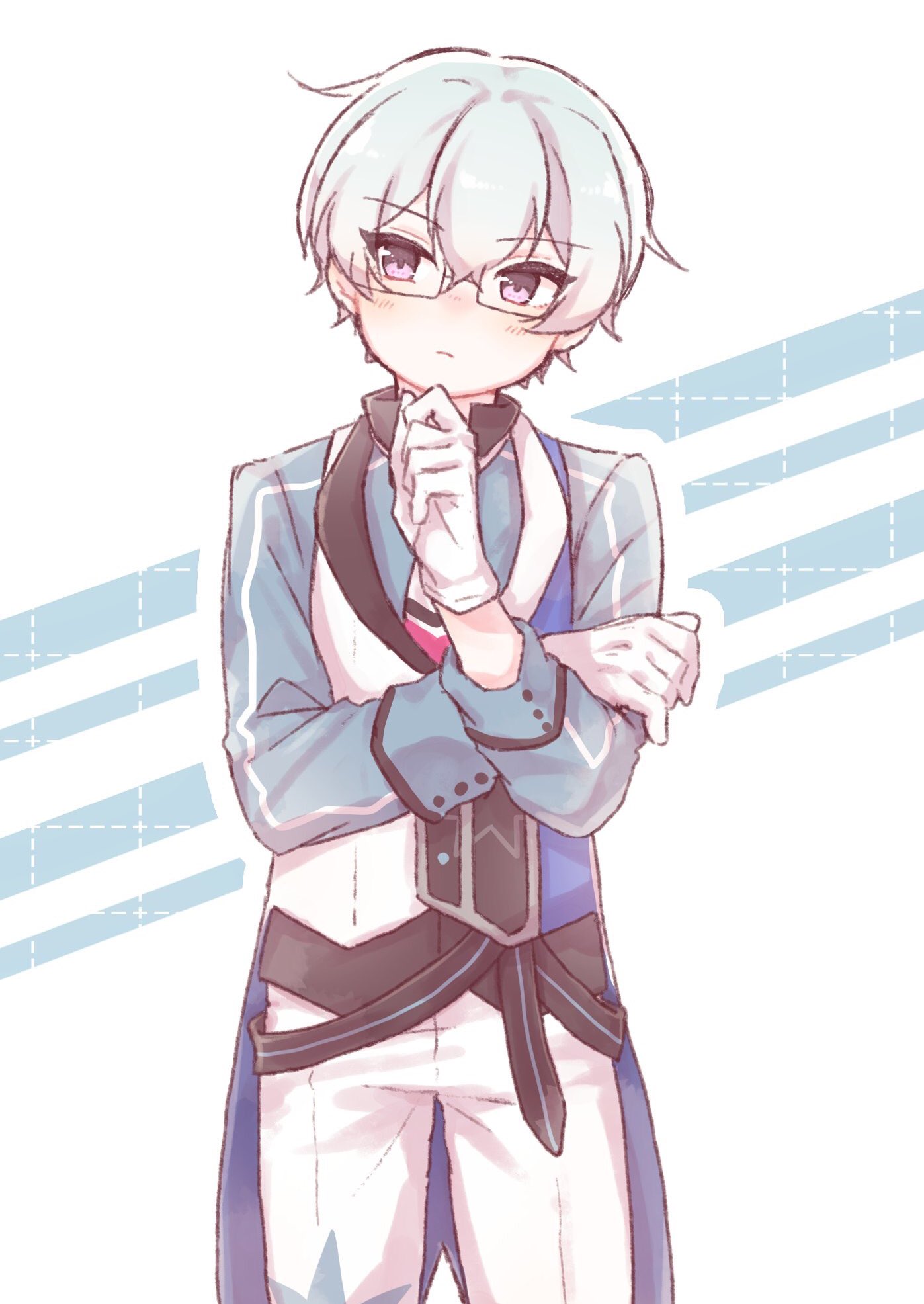 1boy, belt, closed_mouth, coattails, cowboy_shot, glasses, gloves, hazama_michio, head_tilt, highres, idol, idolmaster, idolmaster_side-m, intelli_crystal_blue, kotomiya_(engw_prn), male_focus, pants, silver_hair, solo, violet_eyes, waistcoat, white_gloves, white_pants