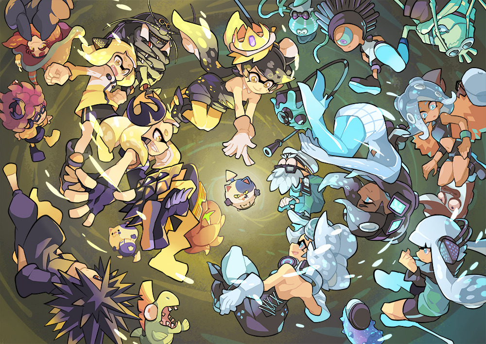 6+girls, anemo_(splatoon), aori_(splatoon), bizen_(splatoon), blonde_hair, blue_hair, commander_atarime, commander_tartar