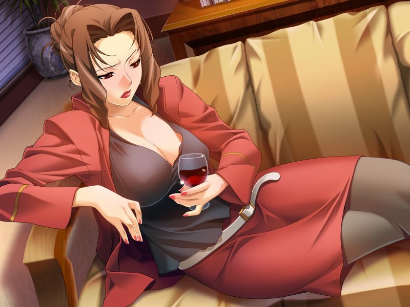 1girl, asao_sara, belt, breasts, brown_hair, cleavage, couch, crossed_legs