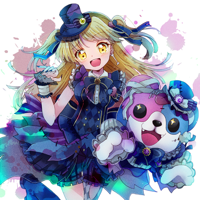 +_+, 1girl, :3, :d, argyle, bandaged_ear, bang_dream!, bangs, black_nails, black_neckwear, blonde_hair, blood, blood_splatter, blue_ribbon, blush, bone_earrings, boots, bow, brooch, character_doll, claw_pose, dress, eyeball, fangs, frilled_shorts, frilled_sleeves, frills, hair_ornament, hair_ribbon, hat, hat_bow, hat_ornament, heart, heart_hair_ornament, jewelry, long_hair, looking_at_viewer, michelle_(bang_dream!), nail_polish, neck_ribbon, open_mouth, patches, ribbon, sankaku_(wwpp), shorts, smile, solo, star, star-shaped_pupils, striped, striped_bow, stuffed_animal, stuffed_toy, symbol-shaped_pupils, teddy_bear, tsurumaki_kokoro, two_side_up, vertical-striped_shorts, vertical_stripes, wrist_cuffs, wrist_extended, yellow_eyes