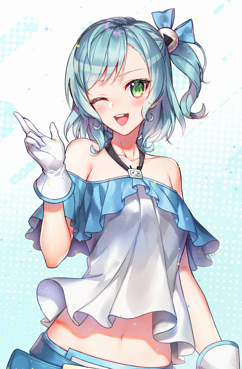 1girl, ;d, alternate_hairstyle, aqua_background, aqua_hair, artist_name, bang_dream!, bilibili_douga
