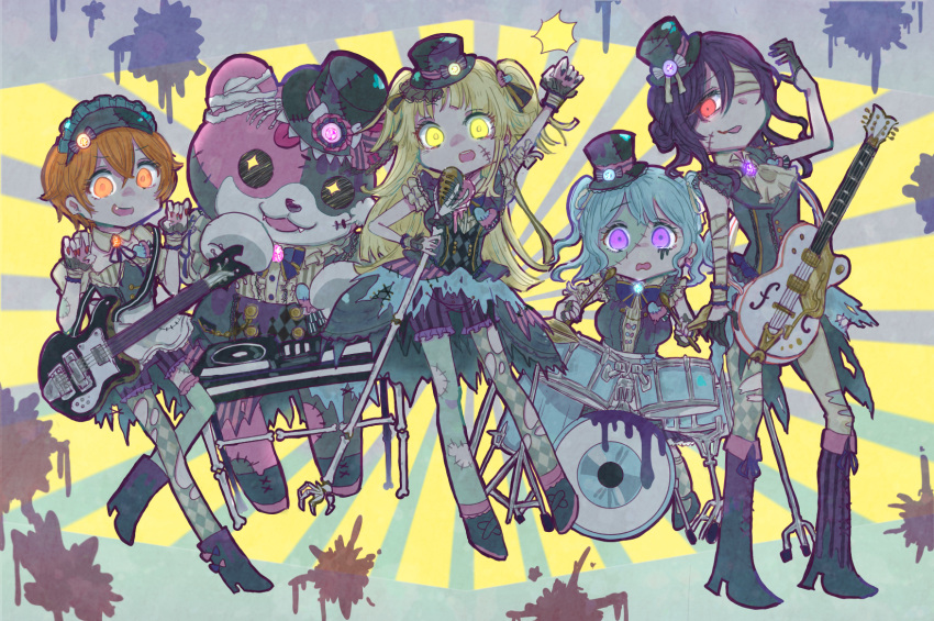 +_+, 5girls, :3, :p, animal_costume, ascot, bandaged_arm, bandaged_ear