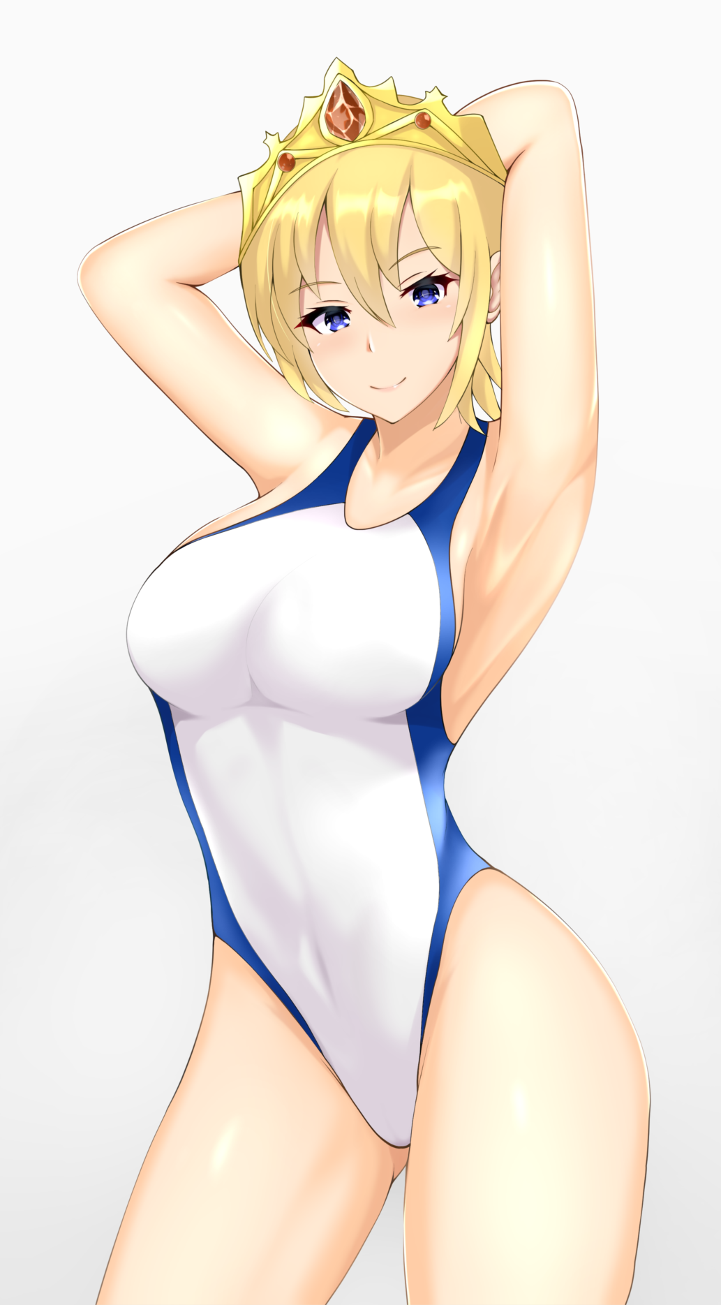 1girl, armpits, arms_behind_head, blonde_hair, blue_eyes, breasts, commentary_request, competition_swimsuit