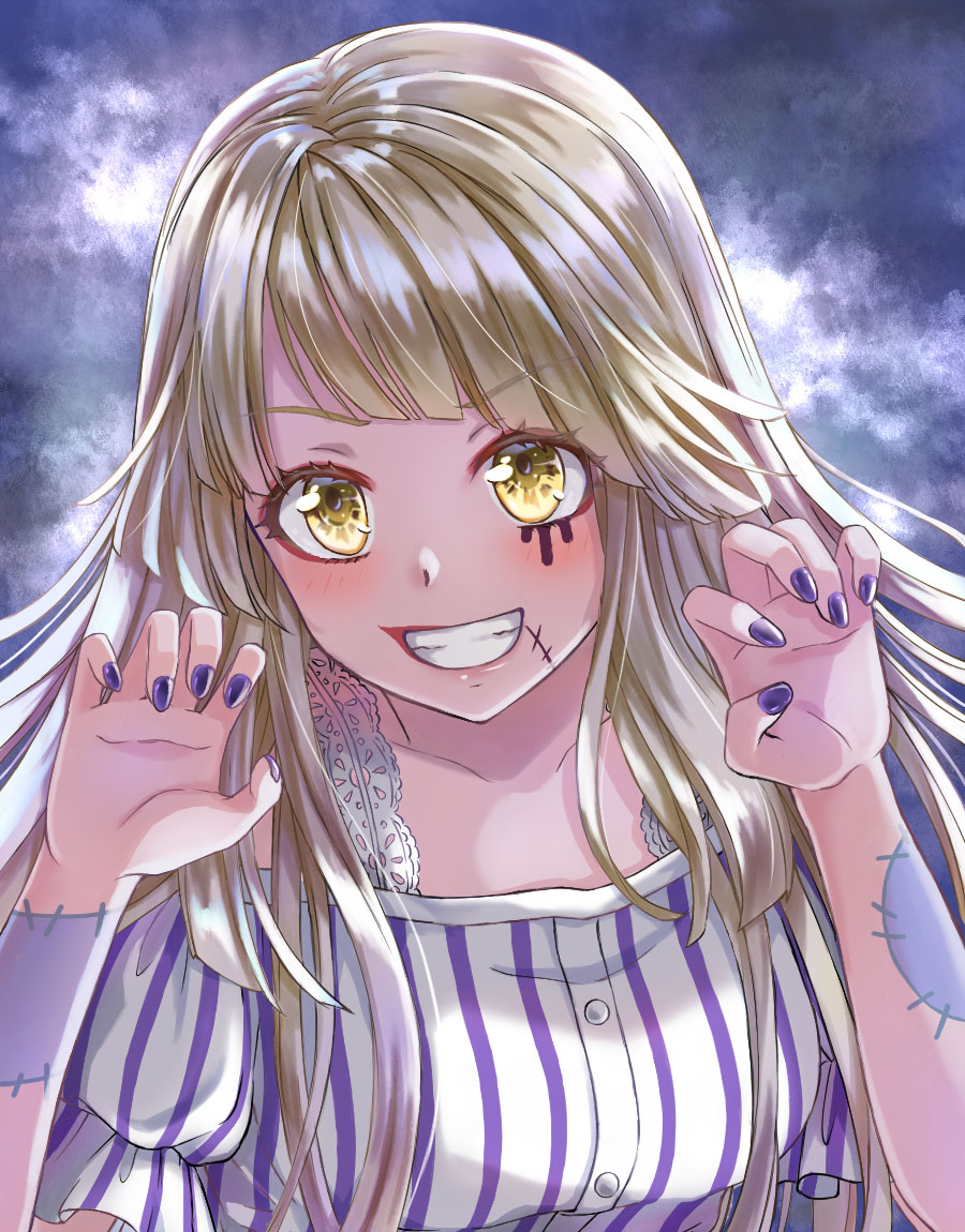 1girl, bang_dream!, black_nails, blow, blush, claw_pose, collarbone, commentary_request