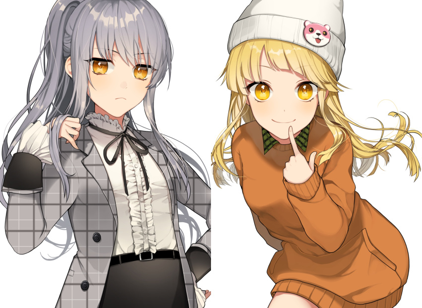 2girls, bang_dream!, bari_dal, beanie, belt, black_neckwear, black_skirt, blonde_hair