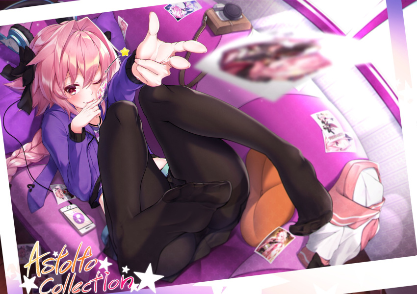 1boy, ;p, astolfo_(fate), black_bow, black_legwear, black_ribbon, black_skirt, blush
