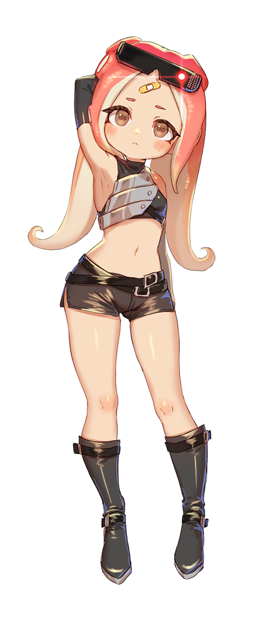 1girl, arm_behind_back, arm_behind_head, arm_up, armor, armpits, belt, black_belt, black_footwear, black_shirt, black_shorts, boots, brown_eyes, cephalopod_eyes, closed_mouth, commentary_request, crop_top, eyewear_on_head, frown, full_body, highres, knee_boots, leaning_to_the_side, legs, long_hair, looking_at_viewer, makeup, mascara, navel, octarian, redhead, shirt, short_shorts, shorts, simple_background, sleeveless, sleeveless_shirt, solo, splatoon_(series), splatoon_2, standing, sunglasses, takozonesu, tentacle_hair, white_background, yu-ri