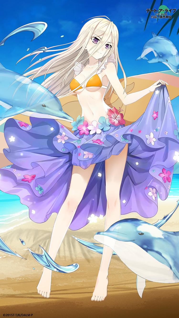 1girl, beach, bikini, blue_sky, breasts, collarbone, contrapposto, copyright_name
