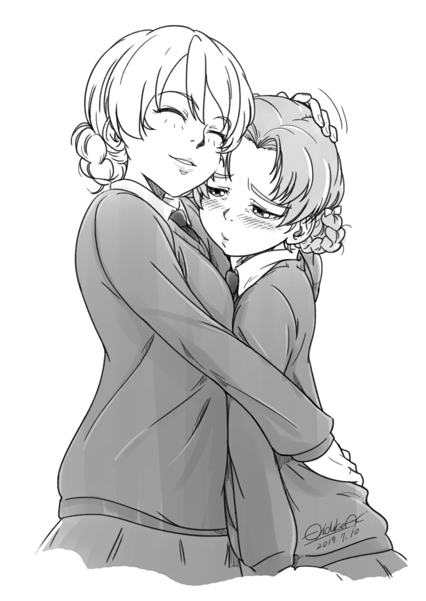 2girls, bangs, blush, braid, closed_eyes, darjeeling_(girls_und_panzer), dated, girls_und_panzer