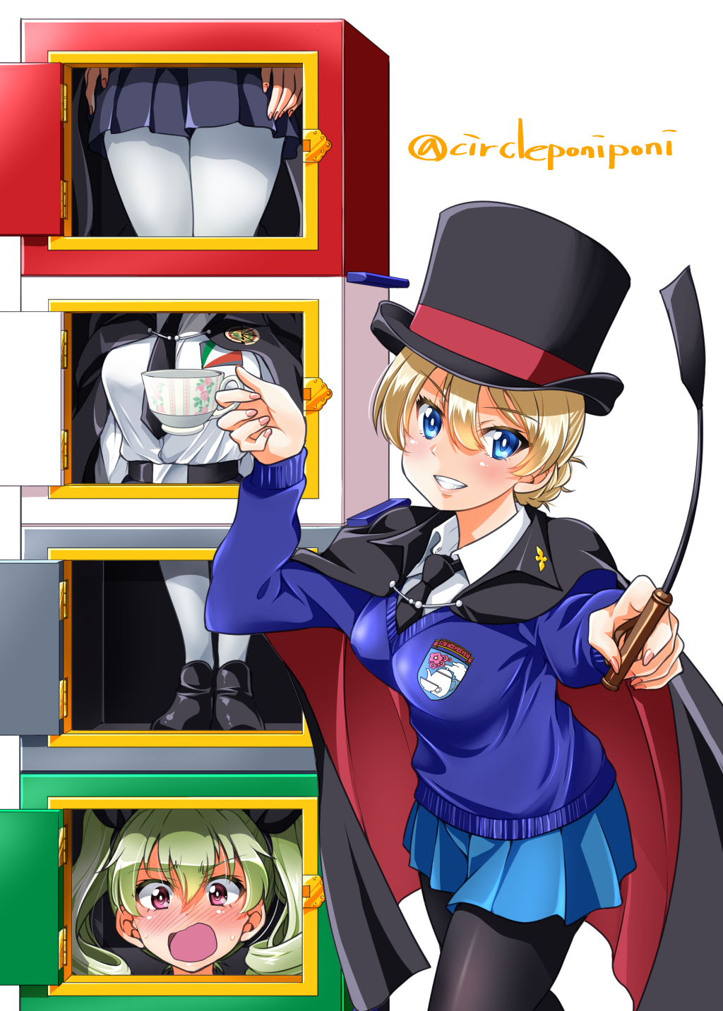 2girls, anchovy, anzio_(emblem), anzio_school_uniform, bangs, black_skirt, blonde_hair, blue_eyes