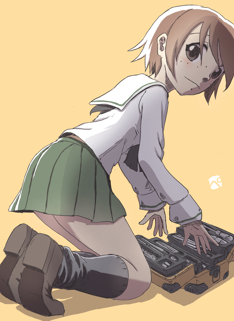 1girl, artist_logo, bangs, black_legwear, black_neckwear, blouse, brown_eyes, brown_hair