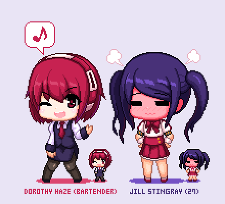 2girls, bartender, blush, bow, bowtie, character_age, character_name, chibi