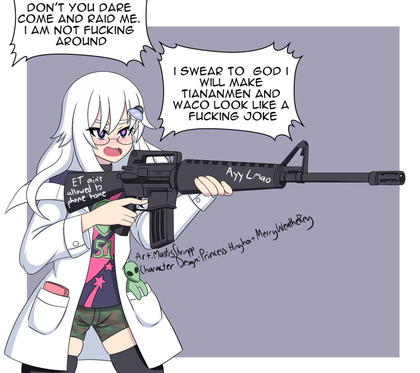 1girl, area_51-chan, artist_name, assault_rifle, black_legwear, blush, camouflage, camouflage_shorts, collar, commentary, english_commentary, english_text, fang, gun, hair_between_eyes, highres, holding, holding_gun, holding_weapon, labcoat, long_hair, m16, mantisshrimpp, meme, open_mouth, original, personification, profanity, rifle, shirt, short_shorts, shorts, simple_background, solo, t-shirt, tagme, thigh-highs, trigger_discipline, violet_eyes, weapon, weapon_request, white_hair, zettai_ryouiki