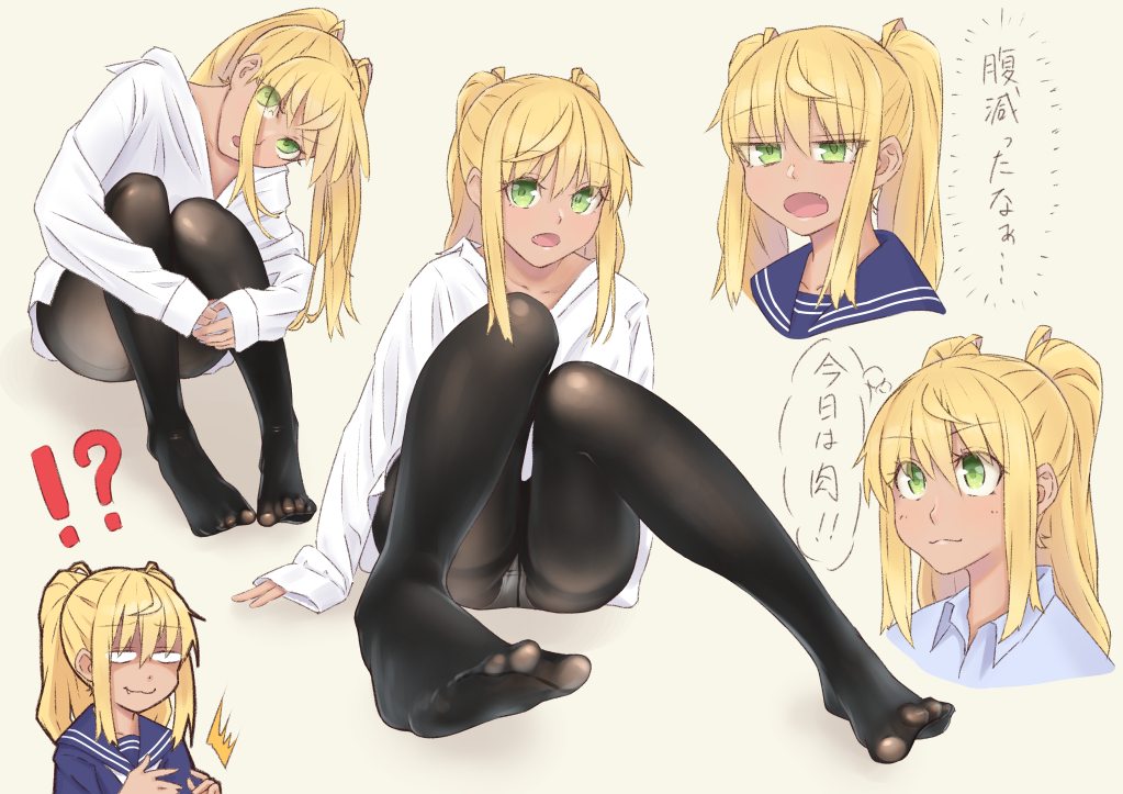 !?, 1girl, ahoge, alternate_costume, arm_support, ayame310, black_legwear, blonde_hair