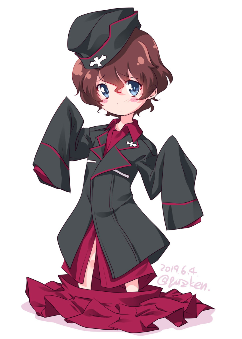 1girl, akaboshi_koume, bangs, black_headwear, black_jacket, blue_eyes, blush_stickers, brown_hair