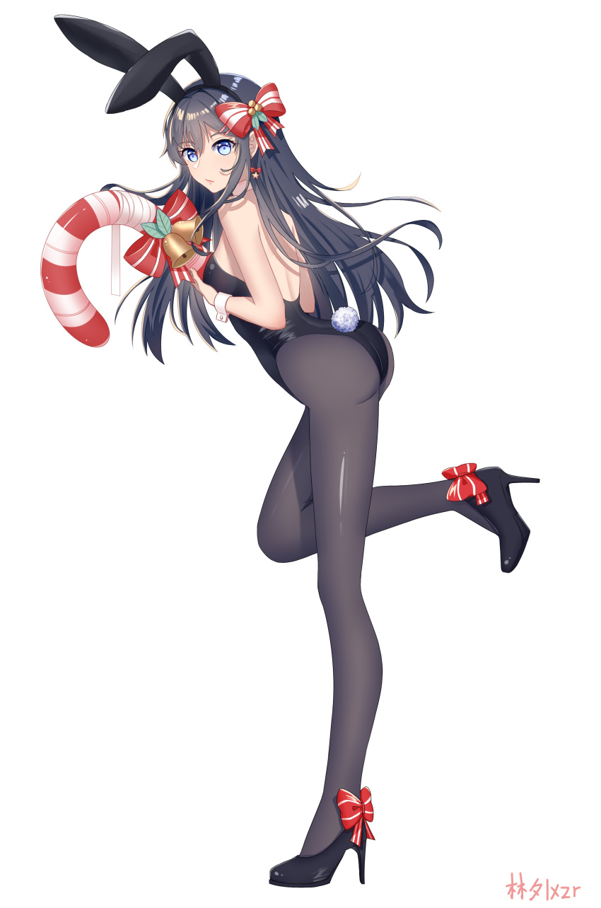 1girl, absurdres, animal_ears, backless_outfit, black_footwear, black_hair, black_hairband, black_legwear