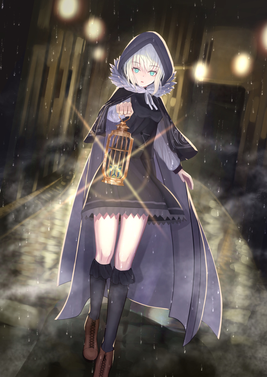 1girl, absurdres, bangs, black_dress, black_legwear, blue_eyes, boots, brown_footwear