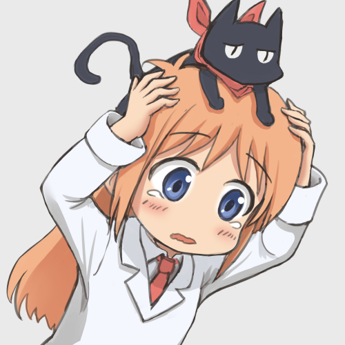 1girl, 1other, animal, animal_on_head, black_cat, black_eyes, blue_eyes, cat