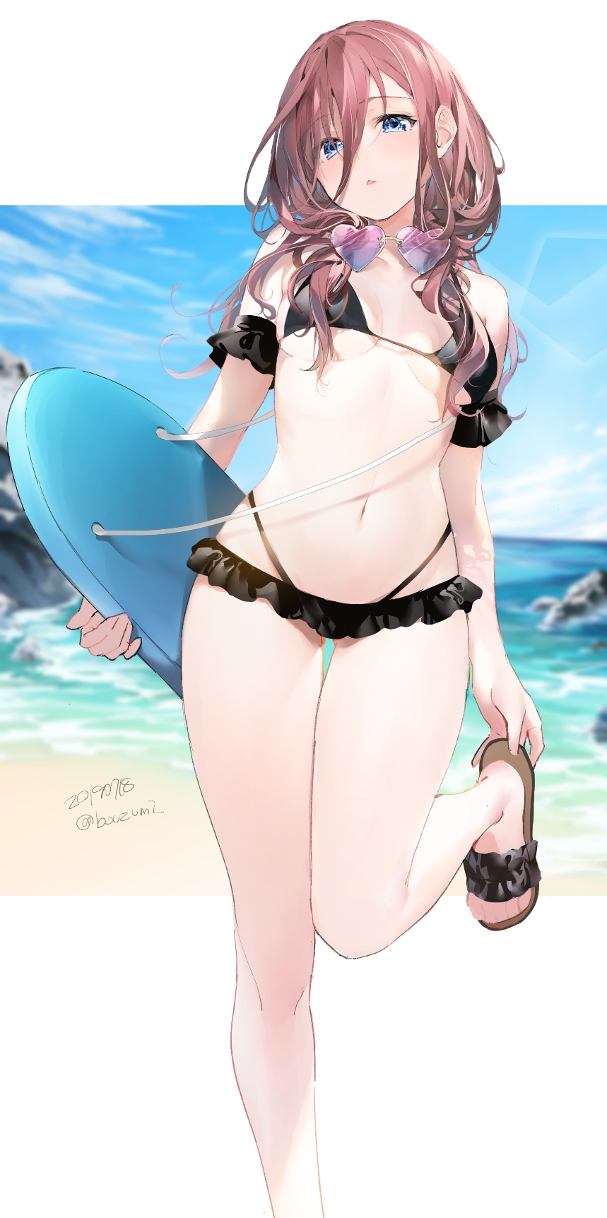 1girl, adjusting_footwear, bangs, bare_shoulders, bikini, black_bikini, blue_eyes, blue_sky, breasts, brown_footwear, brown_hair, clouds, cloudy_sky, collarbone, dated, day, eyebrows_visible_through_hair, eyewear_around_neck, frilled_bikini, frills, go-toubun_no_hanayome, hair_between_eyes, heart, heart-shaped_eyewear, highres, holding, long_hair, looking_at_viewer, medium_breasts, nakano_miku, navel, parted_lips, sandals, sky, solo, standing, standing_on_one_leg, sunglasses, swimsuit, thigh_gap, twitter_username, umibouzu_(niito)
