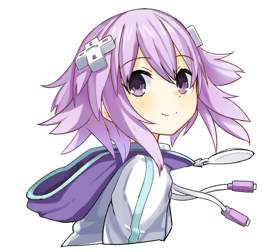 1girl, d-pad, d-pad_hair_ornament, eyebrows_visible_through_hair, from_side, hair_between_eyes, hair_ornament, hood, hooded_jacket, jacket, light_blush, looking_at_viewer, neptune_(neptune_series), neptune_(series), omnisucker, purple_hair, short_hair, simple_background, smile, solo, upper_body, usb, violet_eyes, white_background