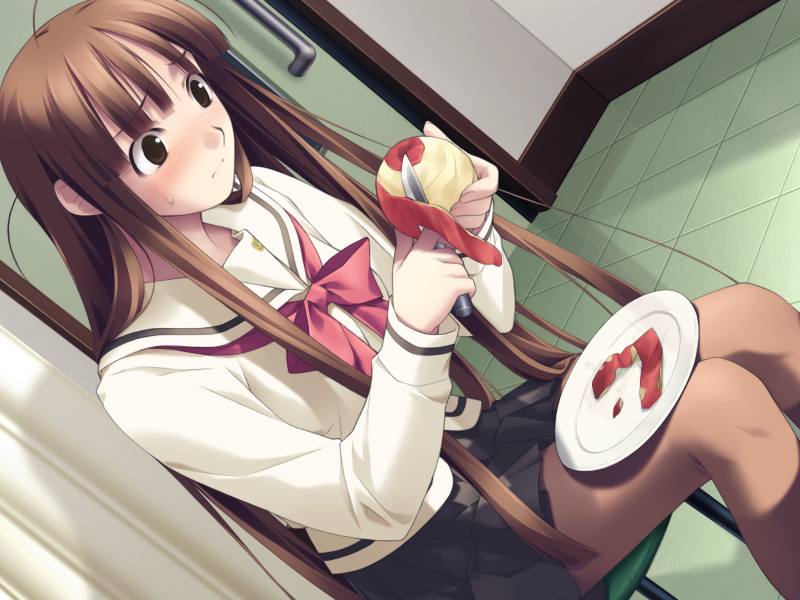apple_peel, apples, brown_hair, food, fruit, hashimoto_takashi, hiiragi_ayumi, hime_cut