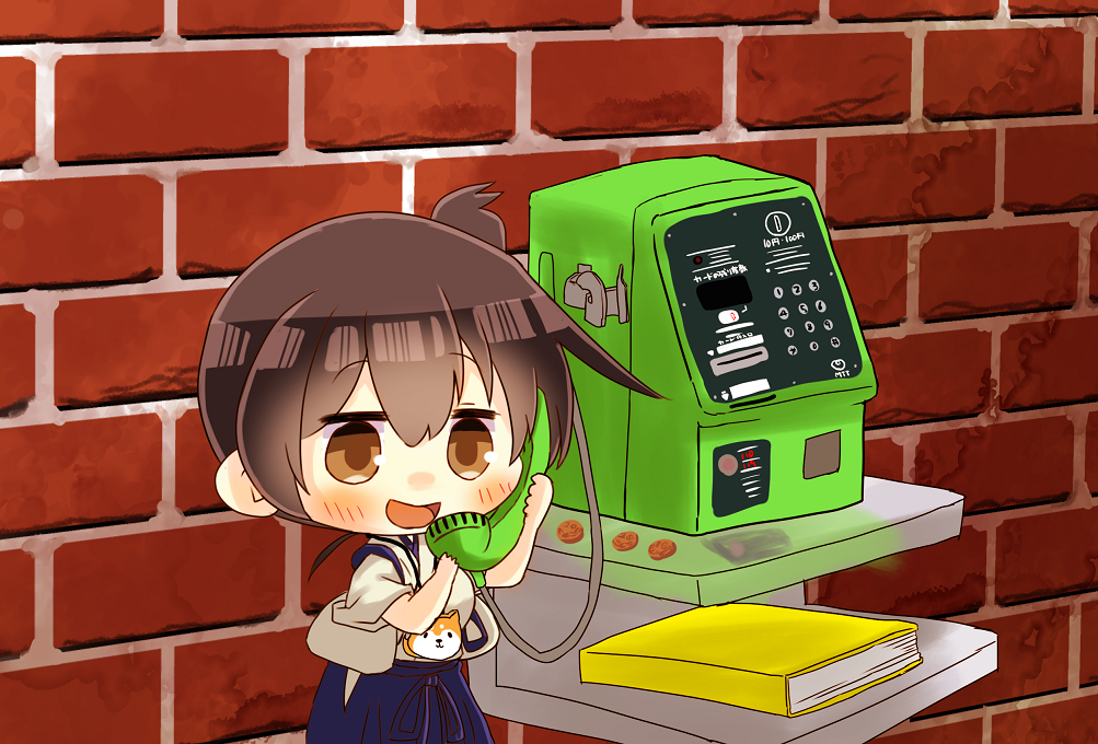 1girl, brick_wall, brown_eyes, brown_hair, change_purse, chibi, commentary_request, holding