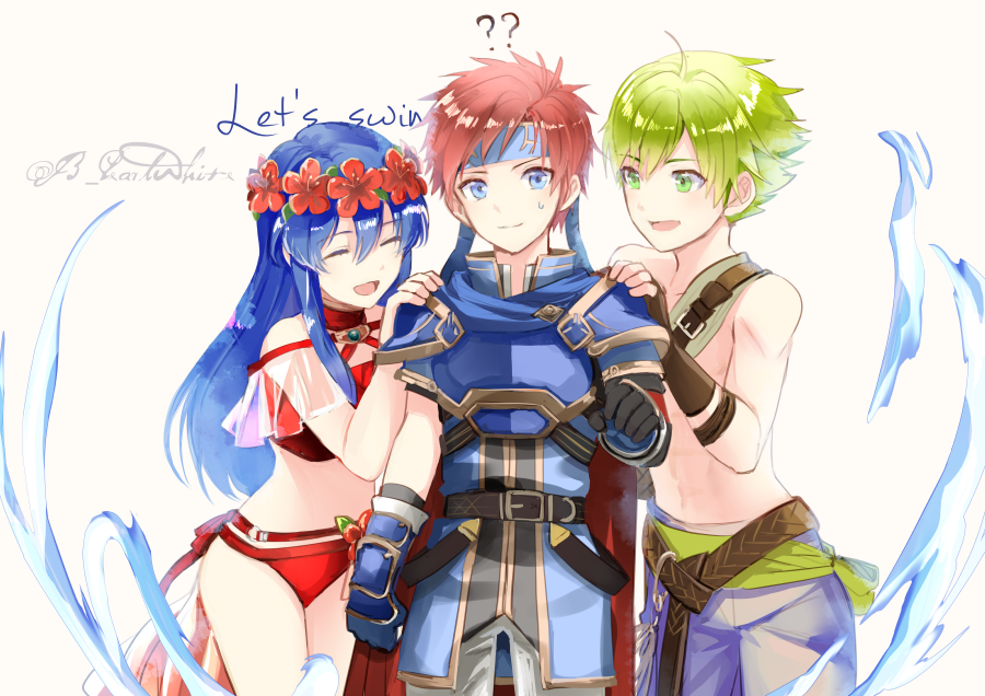1girl, 2boys, belt, bikini, blue_eyes, blue_hair, blue_headband, breastplate