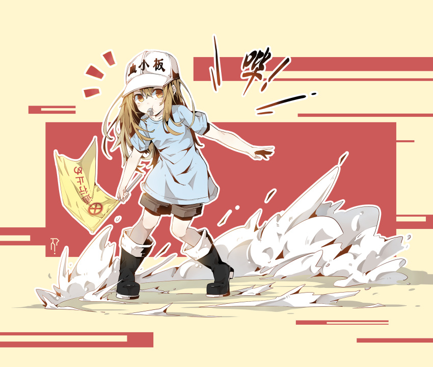 1girl, bangs, baseball_cap, beige_background, black_footwear, blue_shirt, boots, brown_eyes