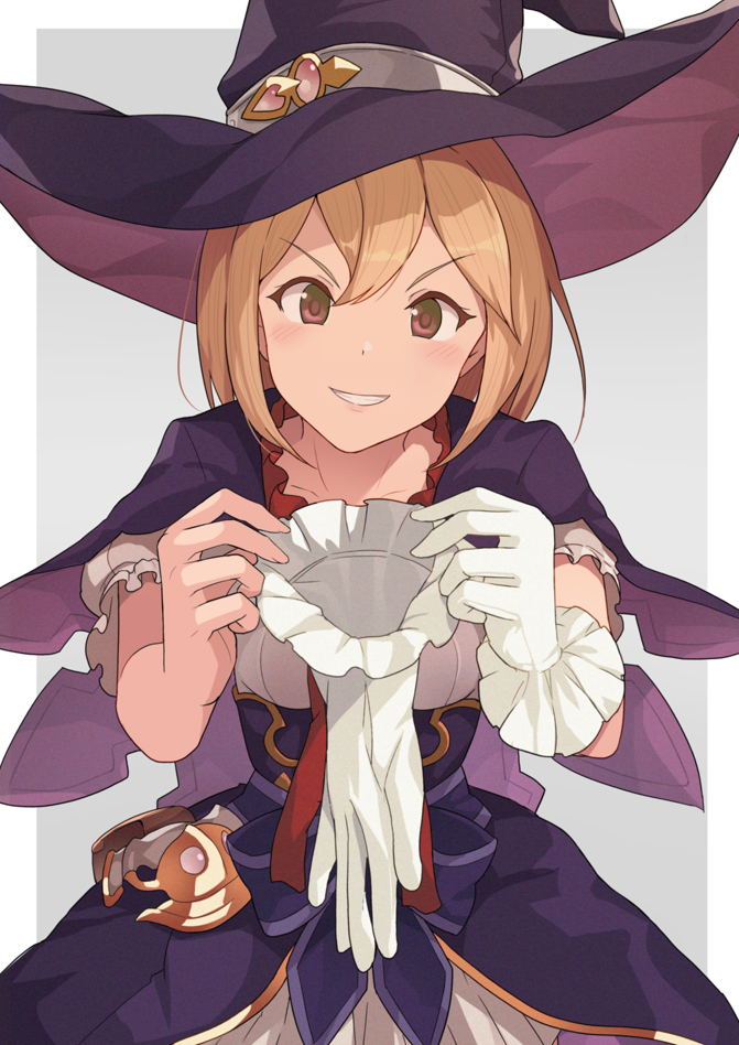 blonde_hair, blush, brown_eyes, collarbone, djeeta_(granblue_fantasy), giving, gloves, gloves_removed