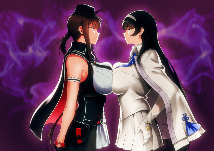 2girls, absurdres, ahoge, bangs, bare_shoulders, black_gloves, black_hair, black_headwear