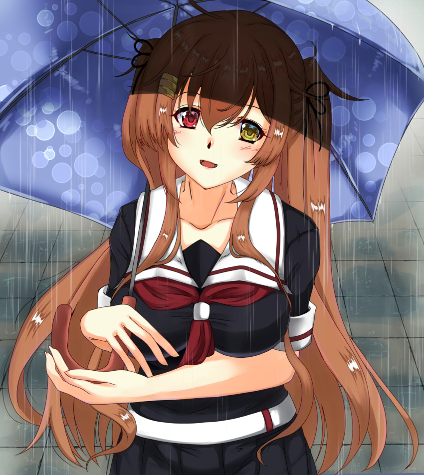 1girl, :d, black_ribbon, black_serafuku, black_skirt, brown_eyes, hair_between_eyes, hair_ornament
