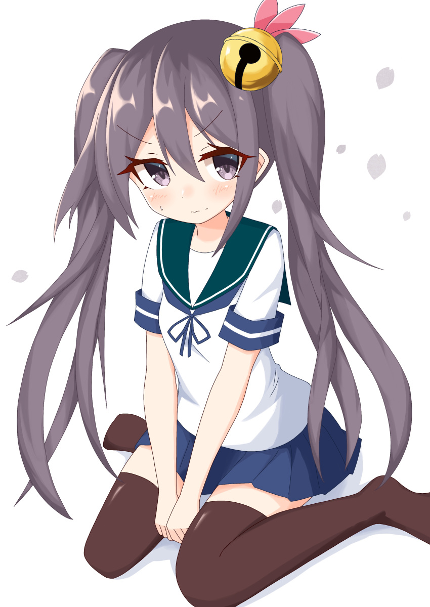 1girl, absurdres, akebono_(kantai_collection), alternate_hairstyle, bangs, bell, blue_ribbon, blue_skirt