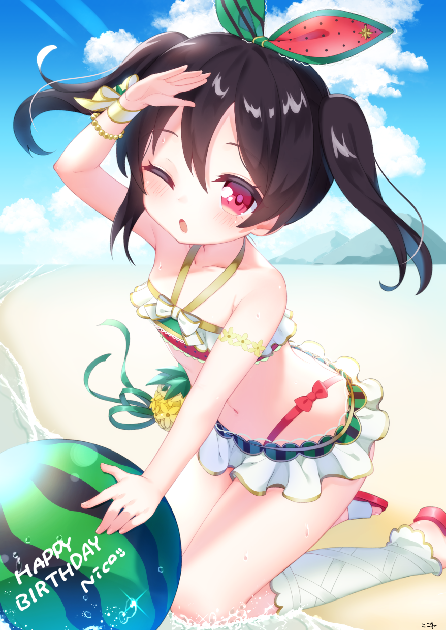 1girl, ;o, arm_up, ball, bare_arms, bare_shoulders, beach, beachball, bikini, black_hair, blue_sky, blush, bow, clouds, cloudy_sky, collarbone, commentary_request, day, frilled_bikini, frills, green_ribbon, hair_ribbon, highres, kneeling, koko_ne_(user_fpm6842), love_live!, love_live!_school_idol_project, navel, one_eye_closed, outdoors, parted_lips, polka_dot_ribbon, red_bow, red_eyes, red_footwear, red_ribbon, ribbon, sand, sandals, sidelocks, sky, solo, sweat, swimsuit, twintails, water, yazawa_nico