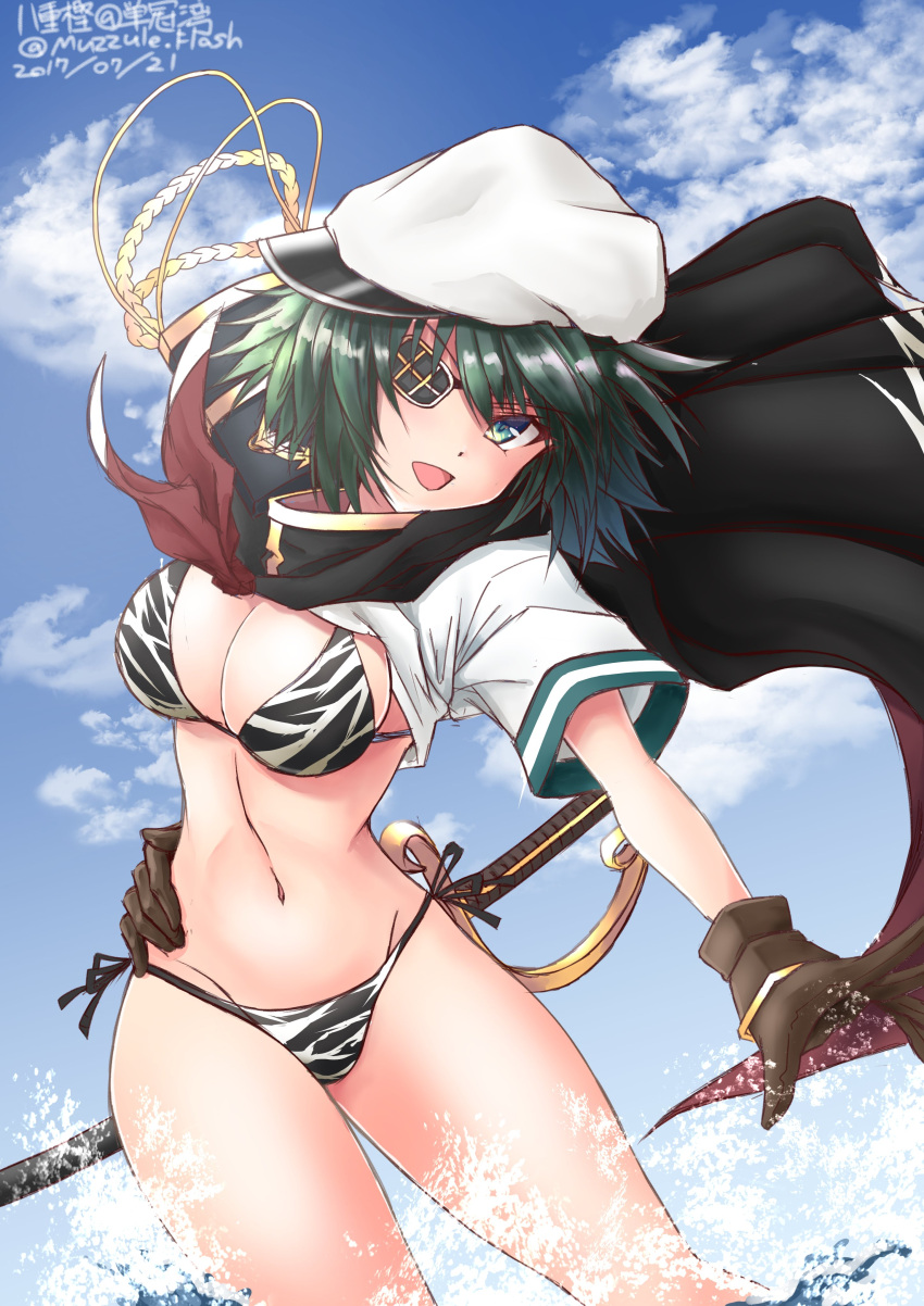 1girl, absurdres, animal_print, bikini, blue_sky, breasts, brown_gloves, cape