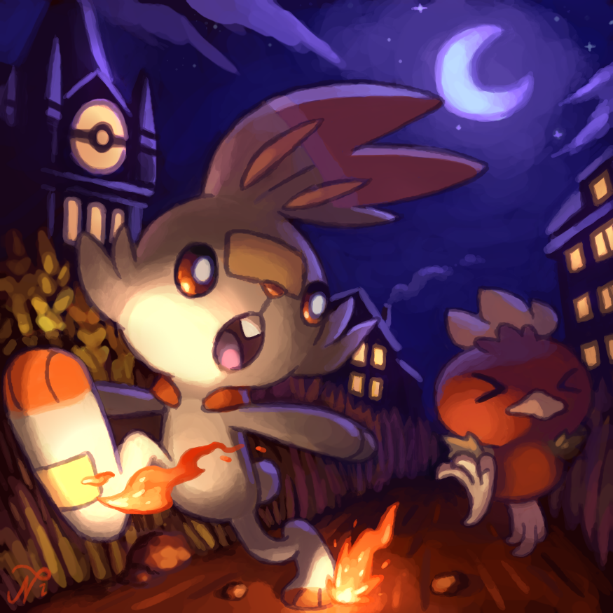 building, chick, closed_eyes, clouds, crescent_moon, fire, gen_3_pokemon, gen_8_pokemon