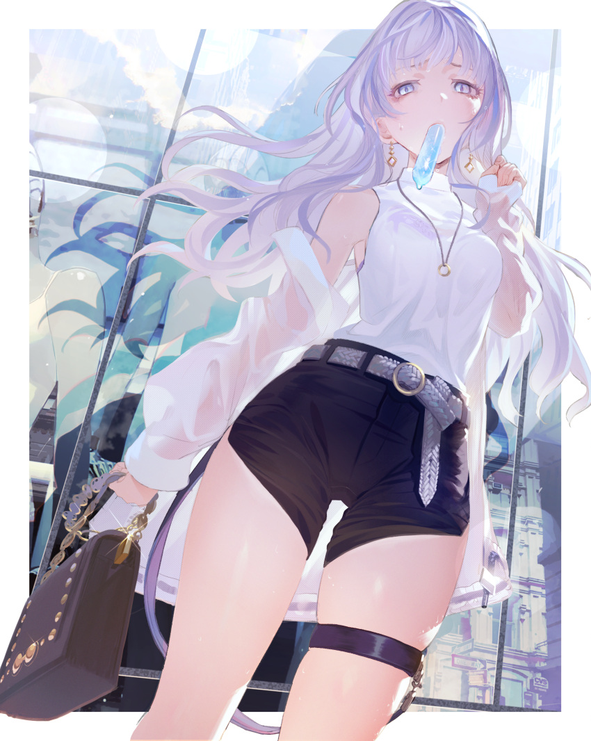 1girl, absurdres, bag, bangs, belt, blush, bra, breasts