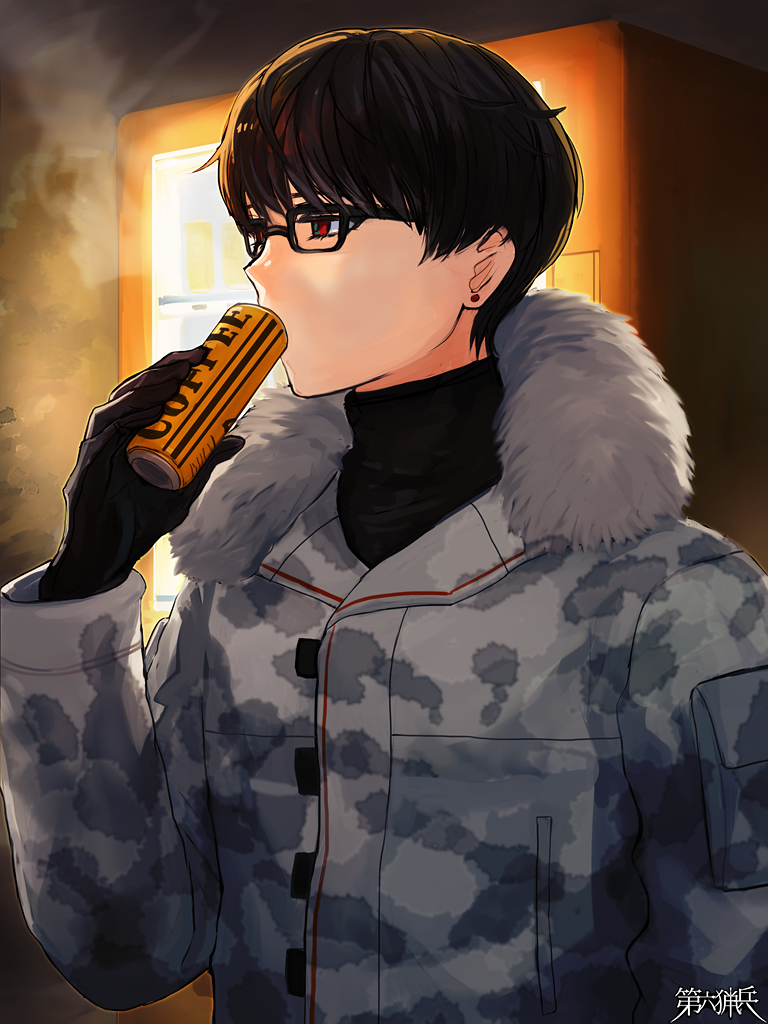 1boy, black-framed_eyewear, black_gloves, black_hair, can, canned_coffee, coat, dairoku_youhei