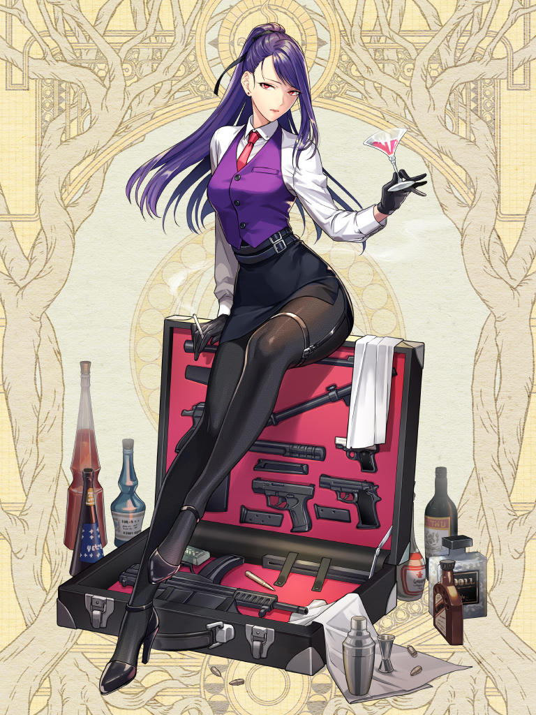 1girl, alcohol, bartender, black_gloves, black_legwear, black_ribbon, black_skirt, bullet