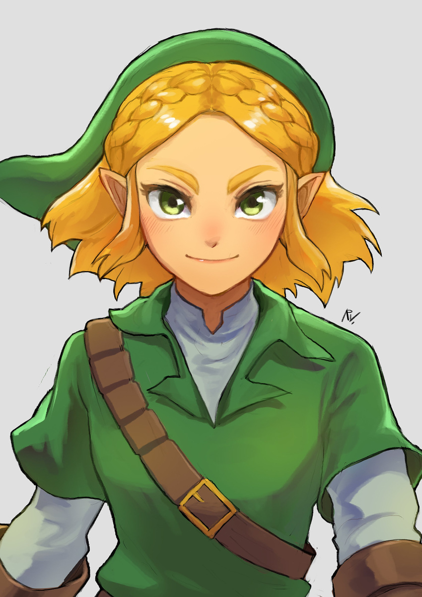 1girl, absurdres, belt, blonde_hair, brown_gloves, closed_mouth, cosplay, gloves, green_eyes, green_headwear, grey_background, hat, highres, layered_clothing, link, link_(cosplay), looking_at_viewer, princess_zelda, rv_(gvdn7245), short_hair, signature, simple_background, smile, the_legend_of_zelda, the_legend_of_zelda:_breath_of_the_wild, the_legend_of_zelda:_breath_of_the_wild_2, the_legend_of_zelda:_ocarina_of_time, tunic, upper_body