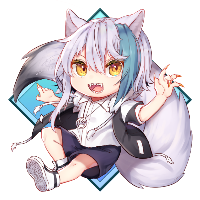 1girl, animal_ears, arms_up, blue_background, blue_hair, chibi, claws, drawstring