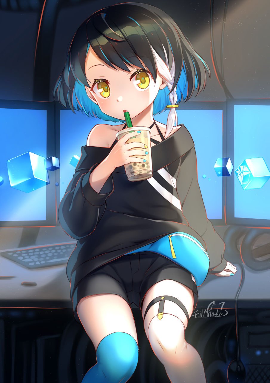 1girl, asymmetrical_legwear, belt_pouch, braid, bubble_tea, desk, drinking_straw, headphones